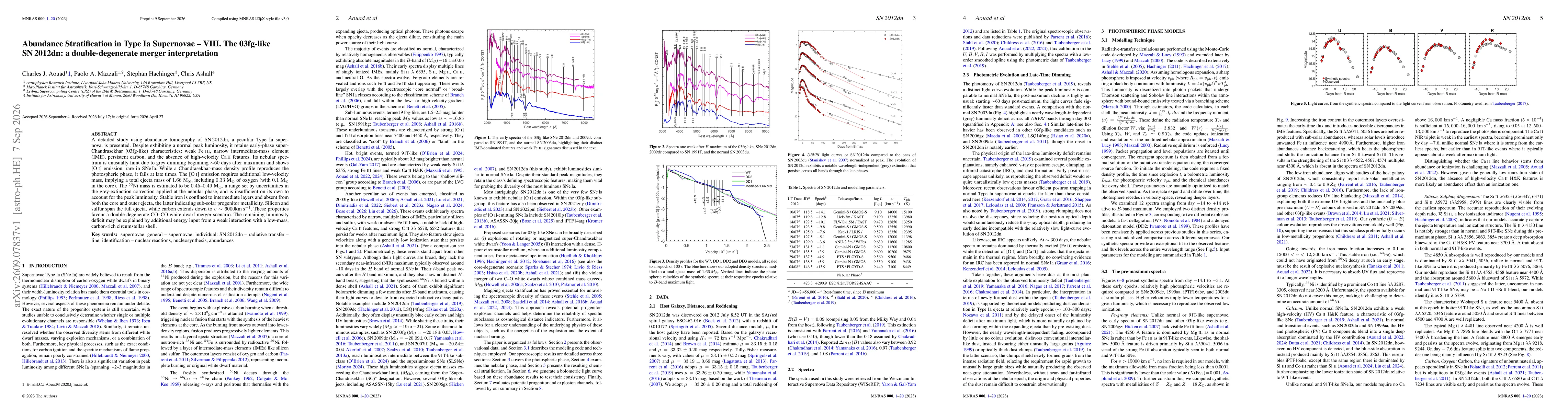 Thumbnail for Abundance Stratification in Type Ia Supernovae -- VIII. The 03fg-like SN\,2012dn: a double-degenerate merger interpretation