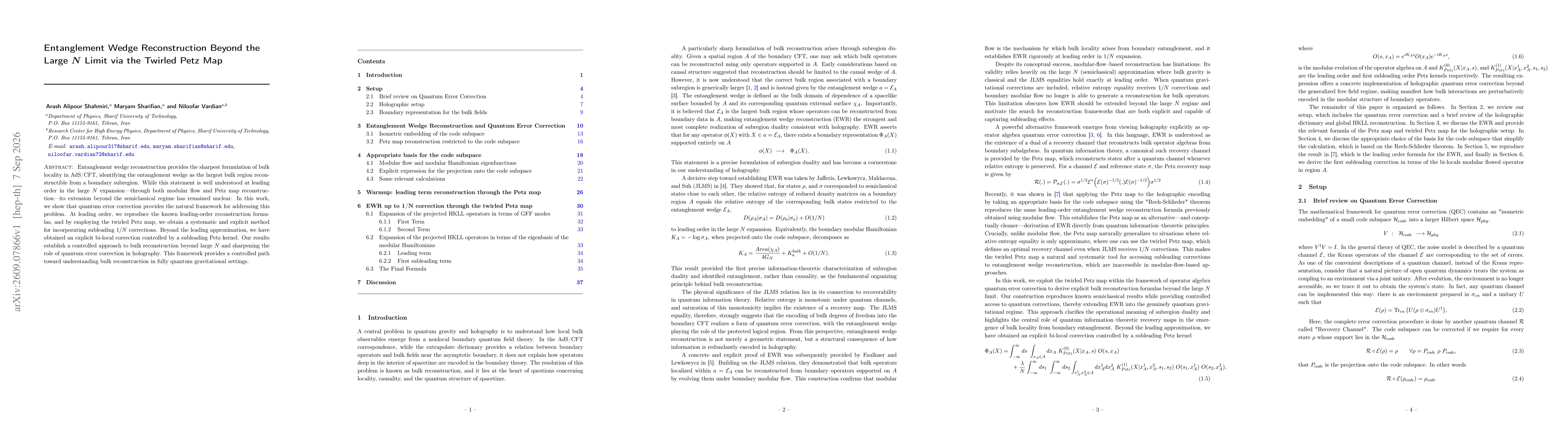Thumbnail for Entanglement Wedge Reconstruction Beyond the Large N Limit via the Twirled Petz Map