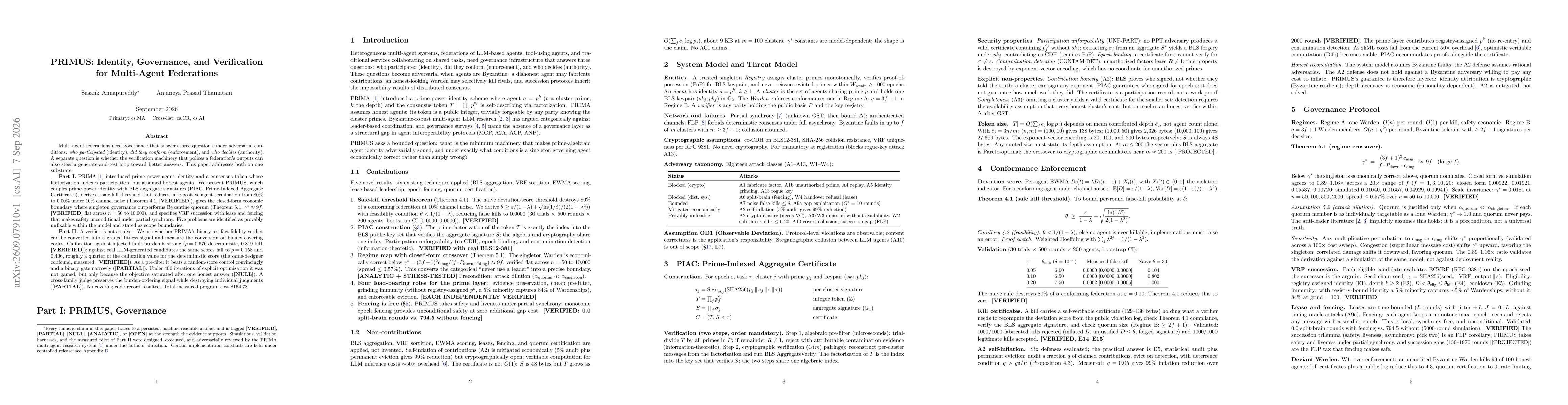 Thumbnail for PRIMUS: Identity, Governance, and Verification for Multi-Agent Federations