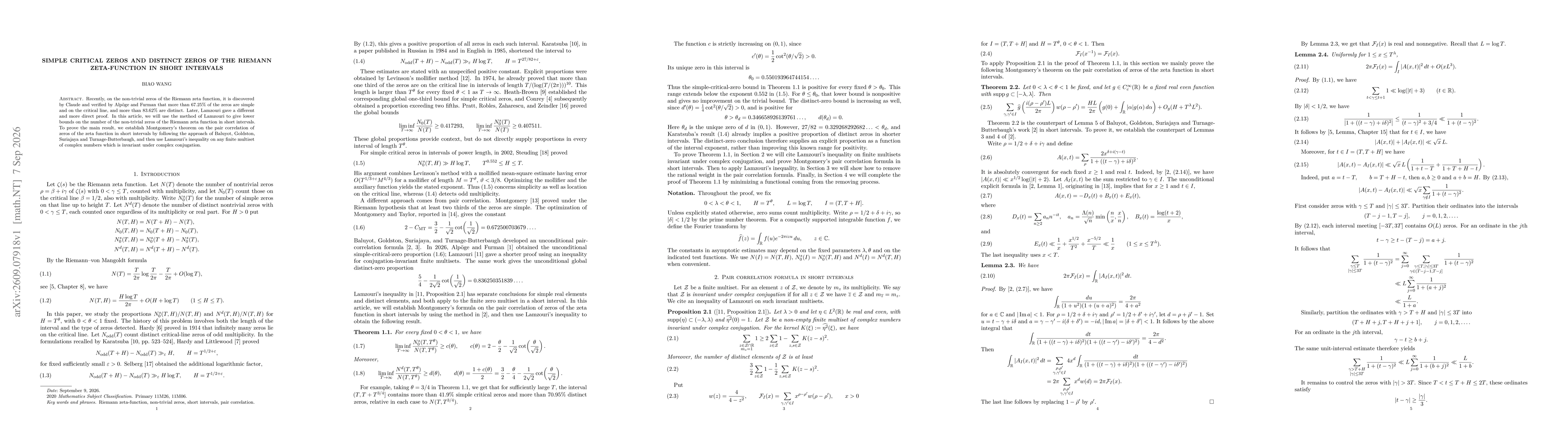 Thumbnail for Simple critical zeros and distinct zeros of the Riemann zeta-function in short intervals