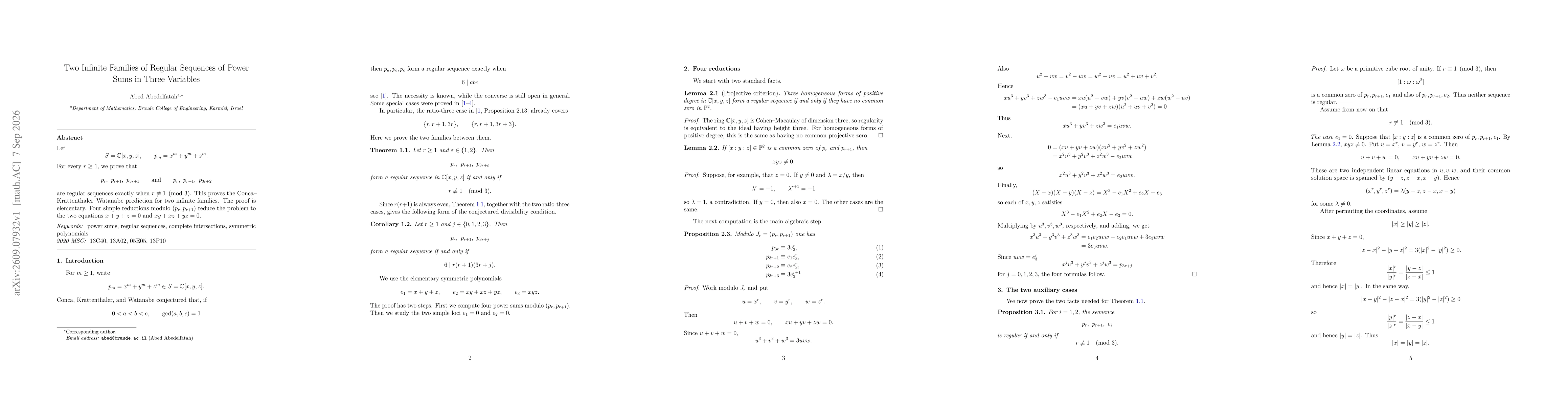 Thumbnail for Two Infinite Families of Regular Sequences of Power Sums in Three Variables
