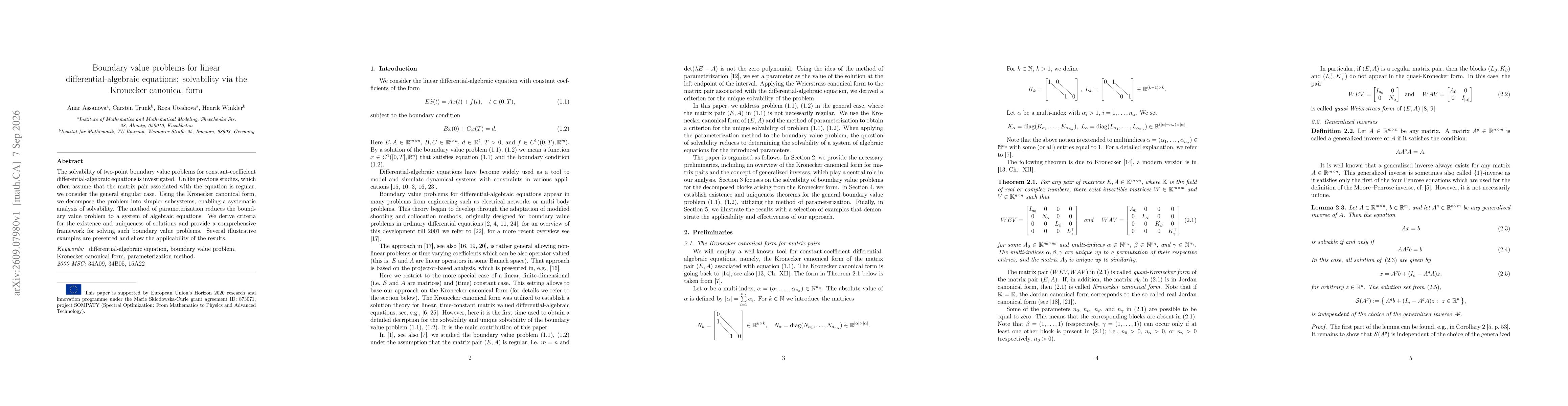 Thumbnail for Boundary value problems for linear differential-algebraic equations: solvability via the Kronecker canonical form