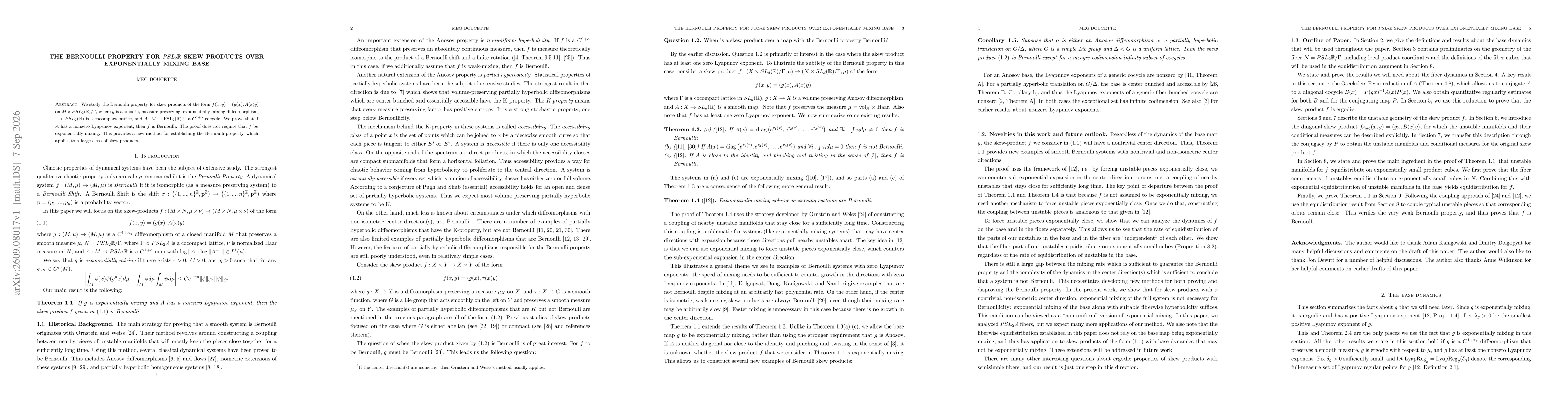 Thumbnail for The Bernoulli property for $PSL_2\mathbb{R}$ skew products over exponentially mixing base
