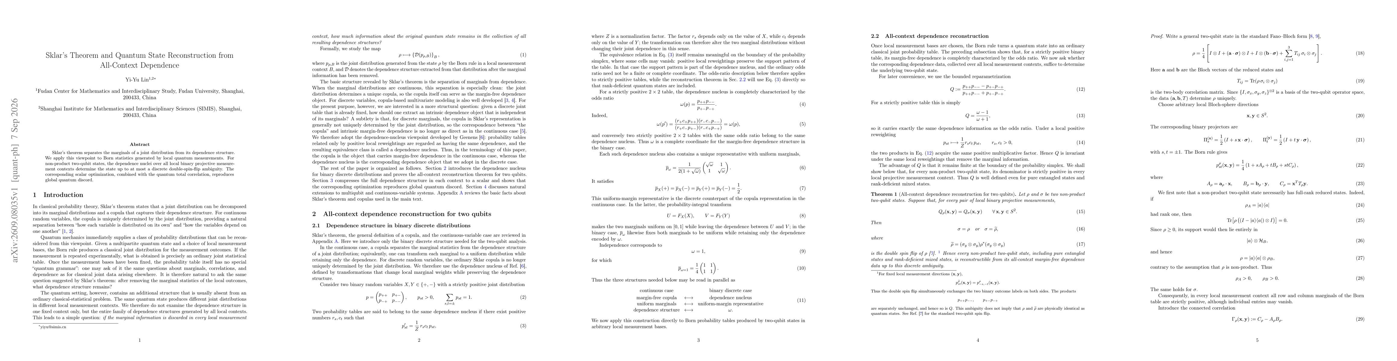 Thumbnail for Sklar's Theorem and Quantum State Reconstruction from All-Context Dependence