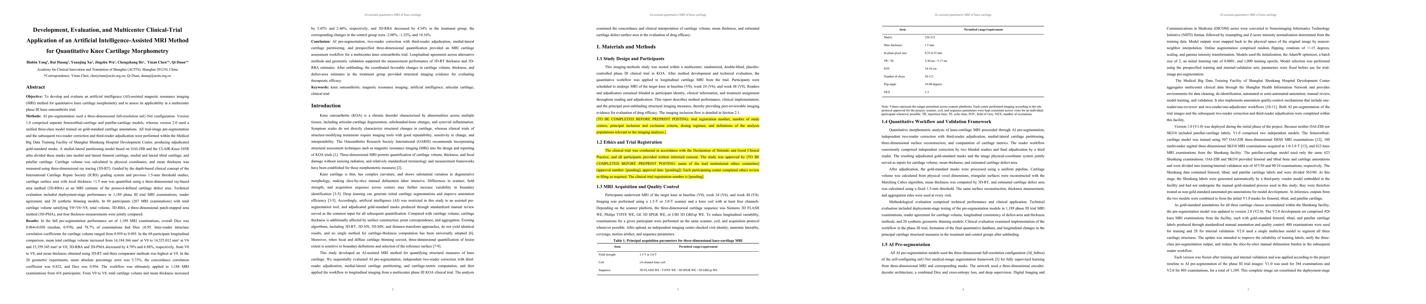 Thumbnail for Development, Evaluation, and Multicenter Clinical-Trial Application of an Artificial Intelligence-Assisted MRI Method for Quantitative Knee Cartilage Morphometry