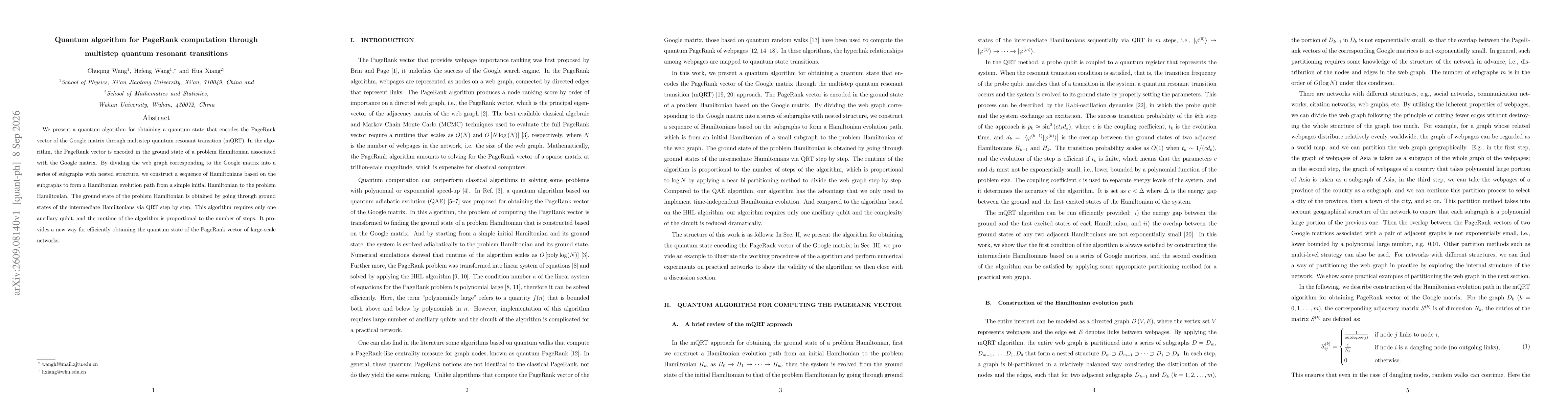 Thumbnail for Quantum algorithm for PageRank computation through multistep quantum resonant transitions