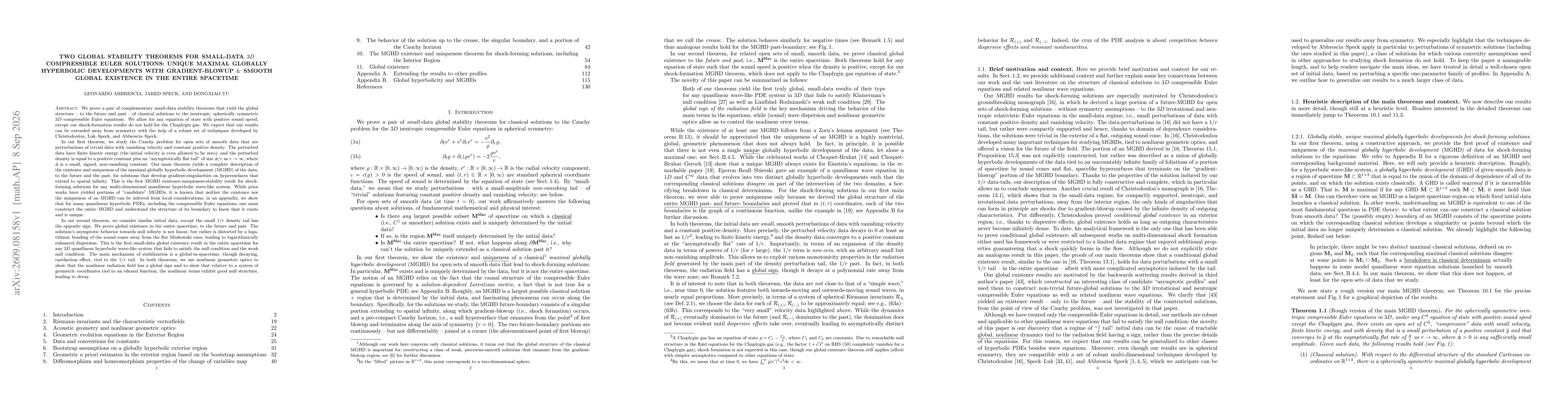 Thumbnail for Two global stability theorems for small-data $3D$ compressible Euler solutions: Unique maximal globally hyperbolic developments with gradient-blowup & smooth global existence in the entire spacetime
