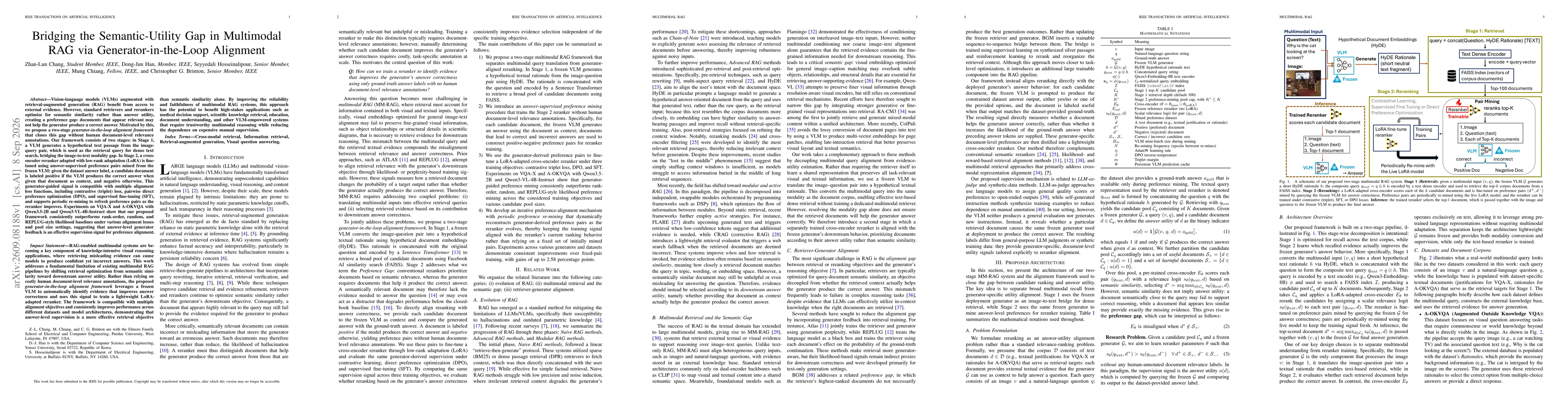 Thumbnail for Bridging the Semantic-Utility Gap in Multimodal RAG via Generator-in-the-Loop Alignment