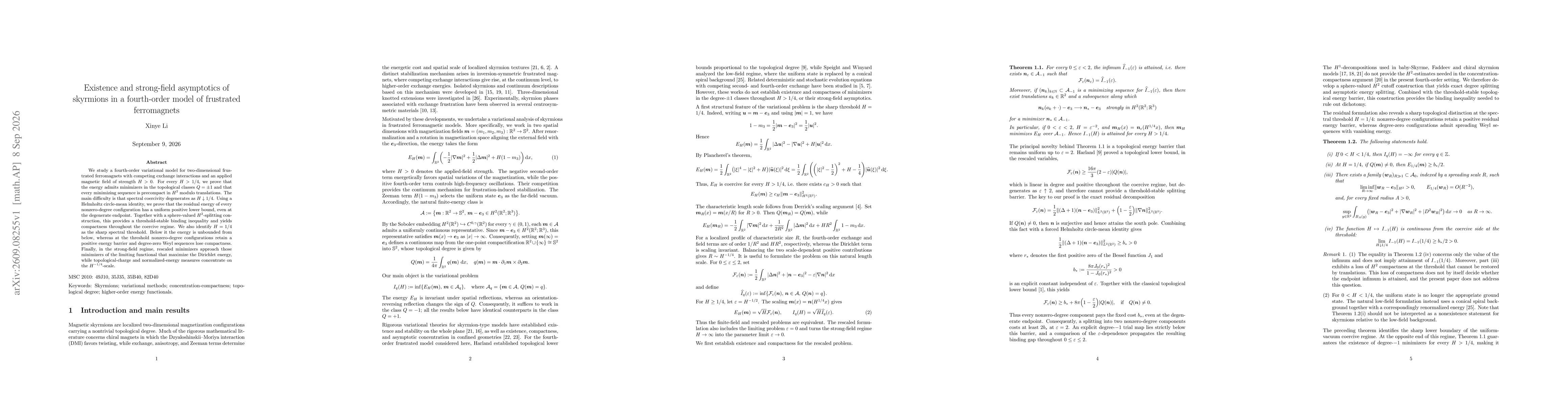 Thumbnail for Existence and strong-field asymptotics of skyrmions in a fourth-order model of frustrated ferromagnets
