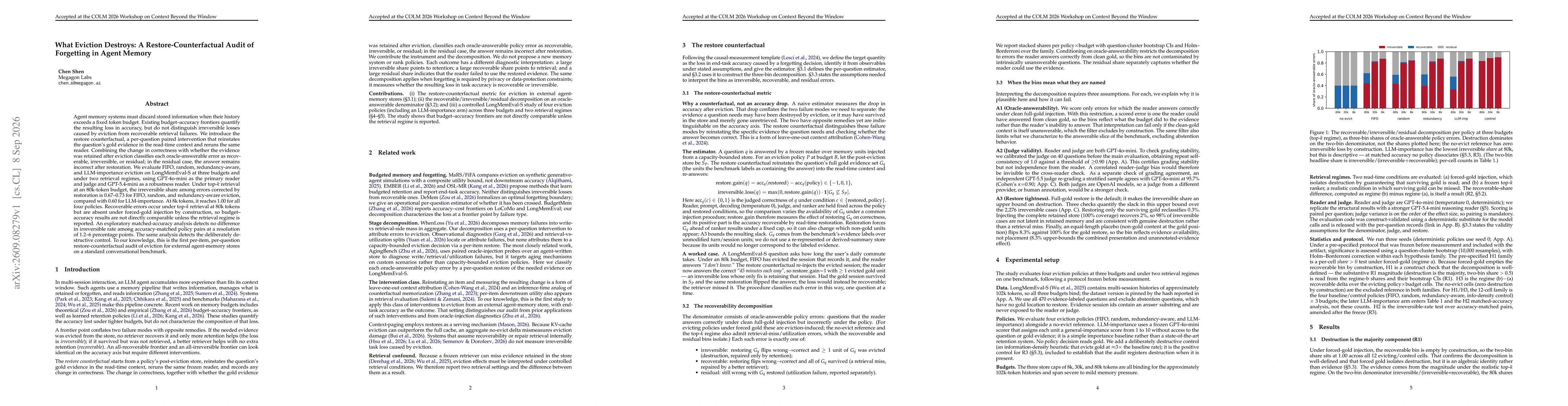 Thumbnail for What Eviction Destroys: A Restore-Counterfactual Audit of Forgetting in Agent Memory