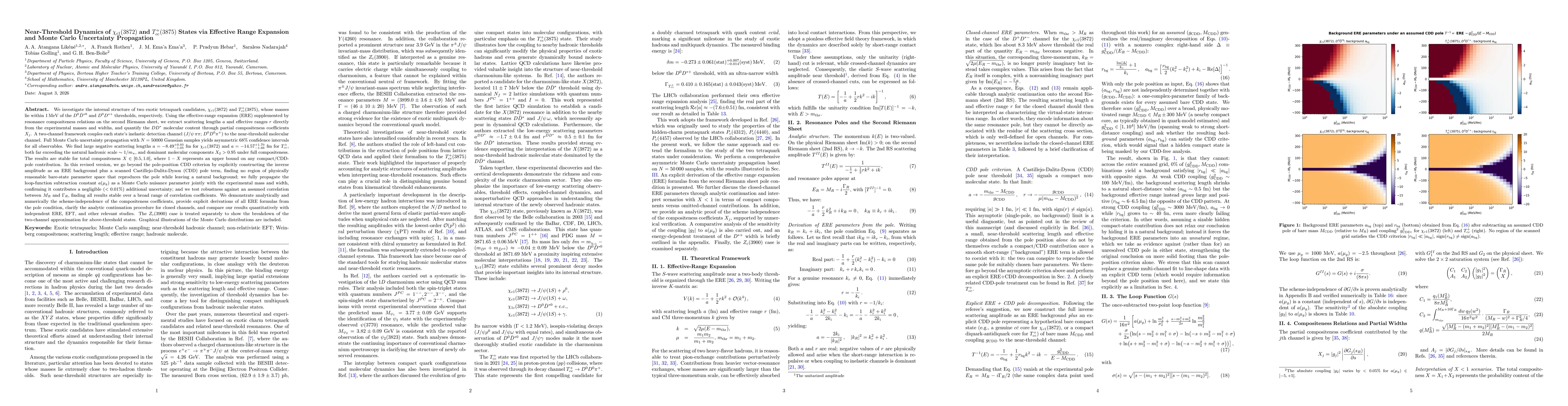 Thumbnail for Near-Threshold Dynamics of \c{hi}c1(3872) and T+cc(3875) States via Effective Range Expansion and Monte Carlo Uncertainty Propagation