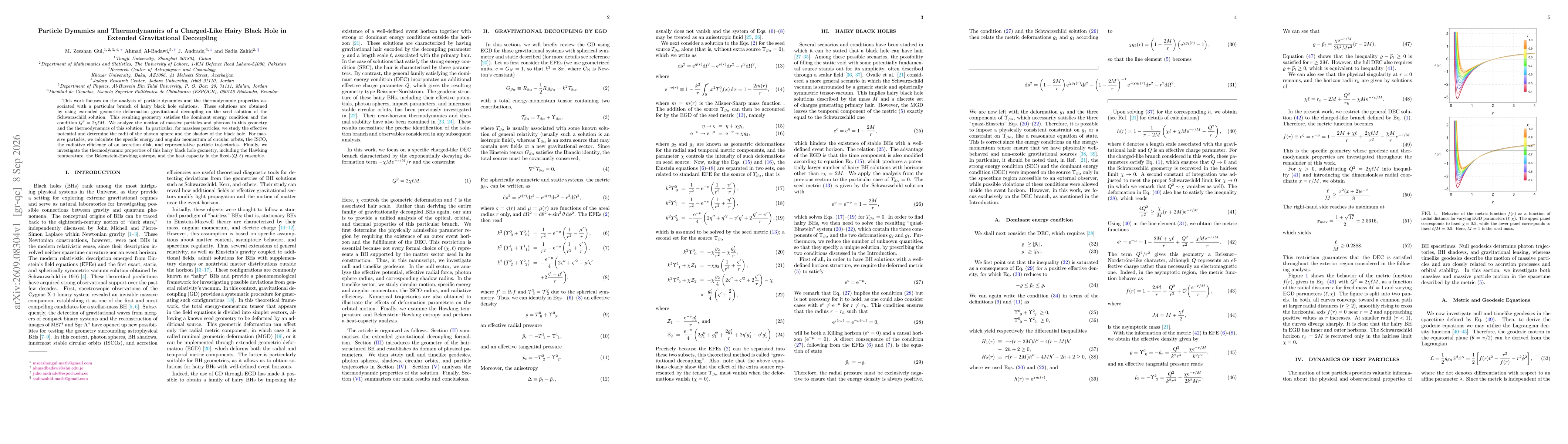 Thumbnail for Particle Dynamics and Thermodynamics of a Charged-Like Hairy Black Hole in Extended Gravitational Decoupling