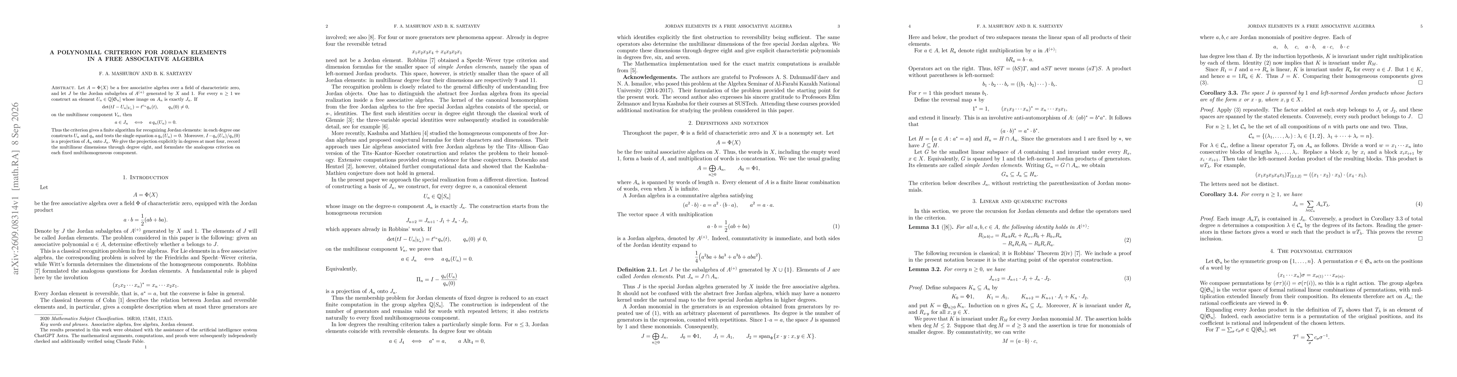 Thumbnail for A polynomial criterion for Jordan elements in a free associative algebra