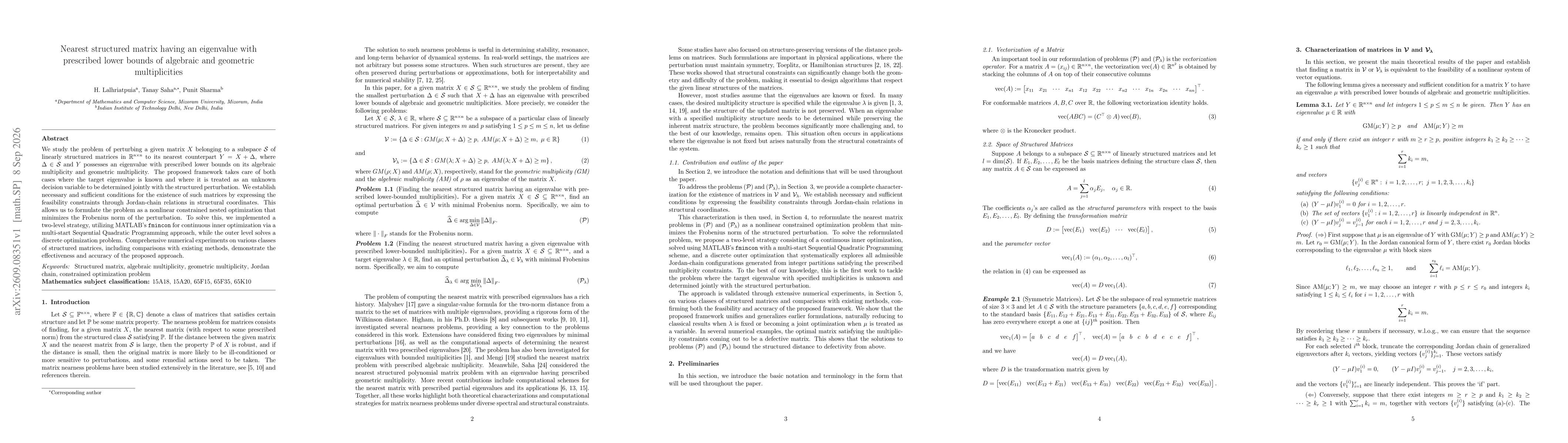 Thumbnail for Nearest structured matrix having an eigenvalue with prescribed lower bounds of algebraic and geometric multiplicities