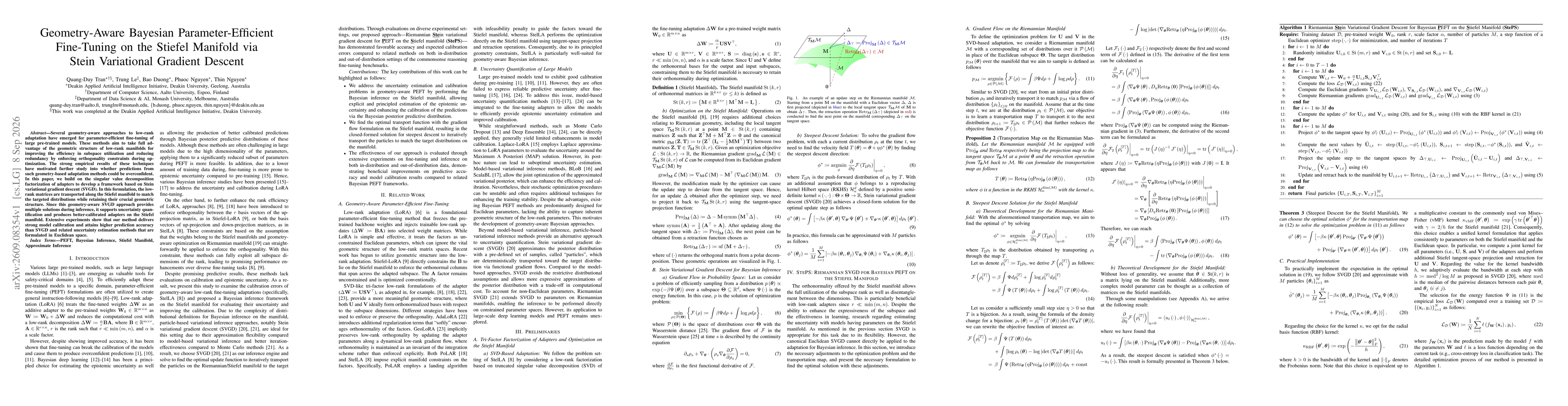 Thumbnail for Geometry-Aware Bayesian Parameter-Efficient Fine-Tuning on the Stiefel Manifold via Stein Variational Gradient Descent