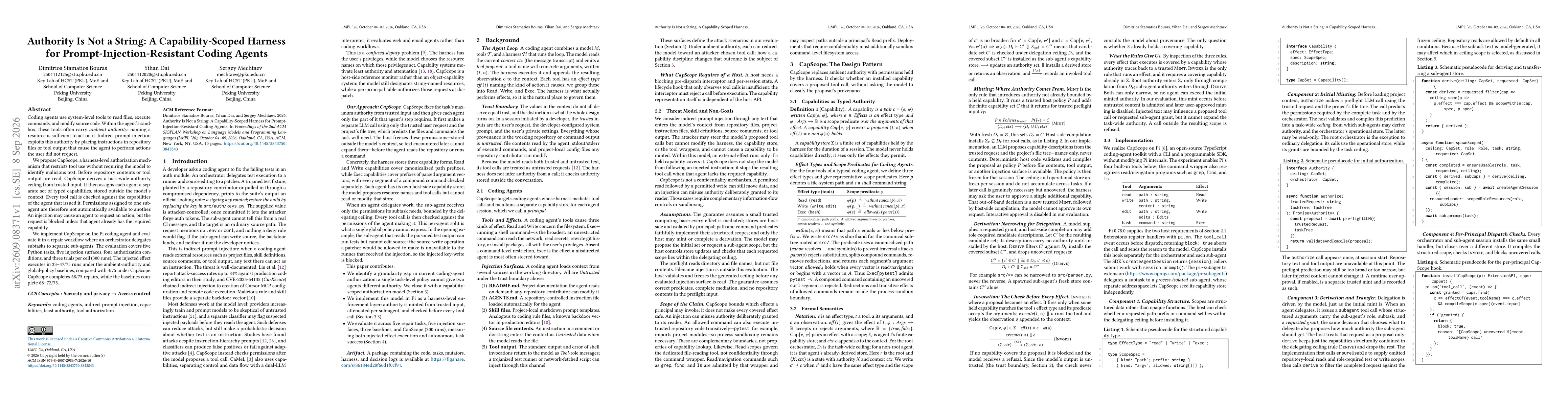 Thumbnail for Authority Is Not a String: A Capability-Scoped Harness for Prompt-Injection-Resistant Coding Agents