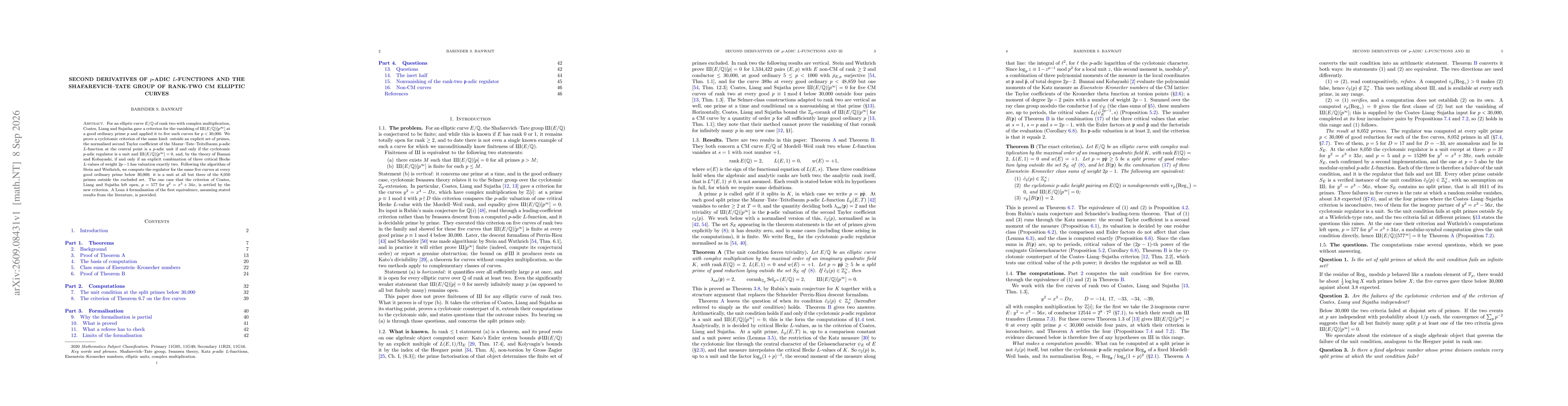 Thumbnail for Second derivatives of $p$-adic $L$-functions and the Shafarevich--Tate group of rank-two CM elliptic curves