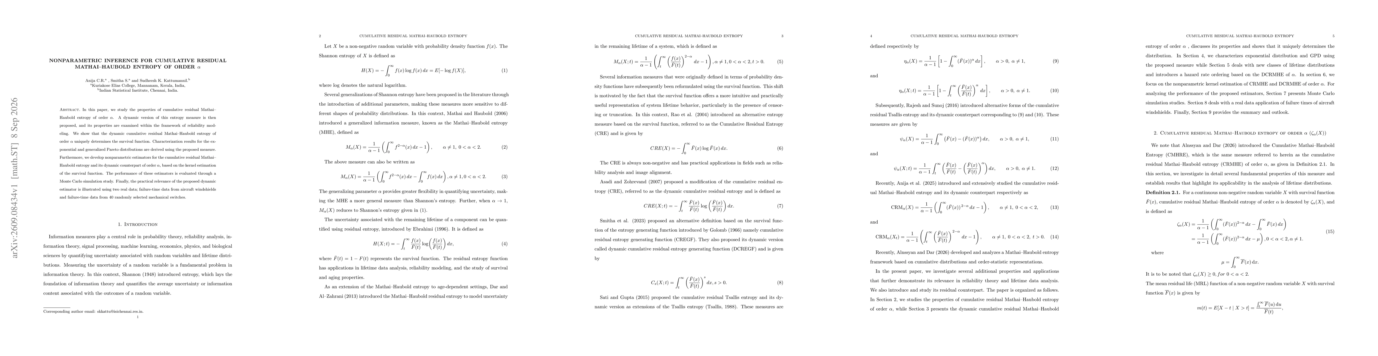 Thumbnail for Nonparametric Inference for Cumulative Residual Mathai--Haubold Entropy of order $α$