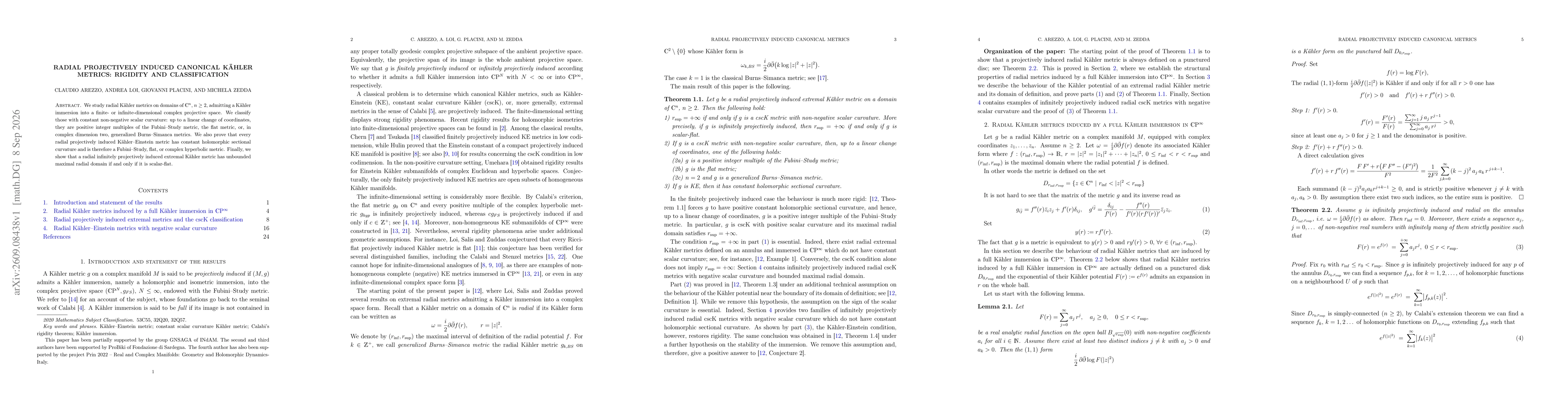 Thumbnail for Radial Projectively Induced Canonical Kähler Metrics: Rigidity and Classification