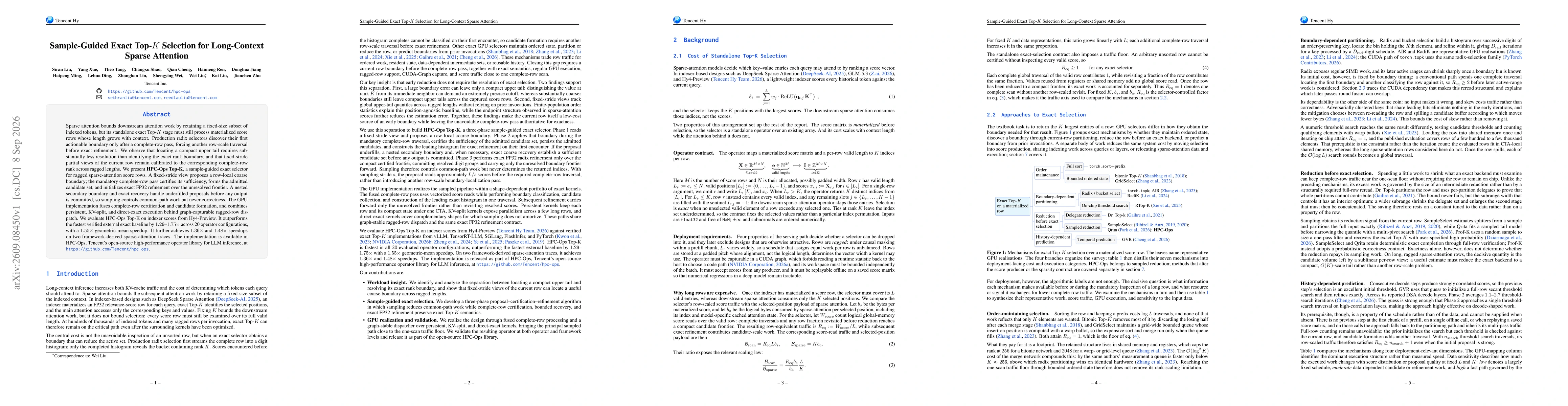 Thumbnail for Sample-Guided Exact Top-K Selection for Long-Context Sparse Attention