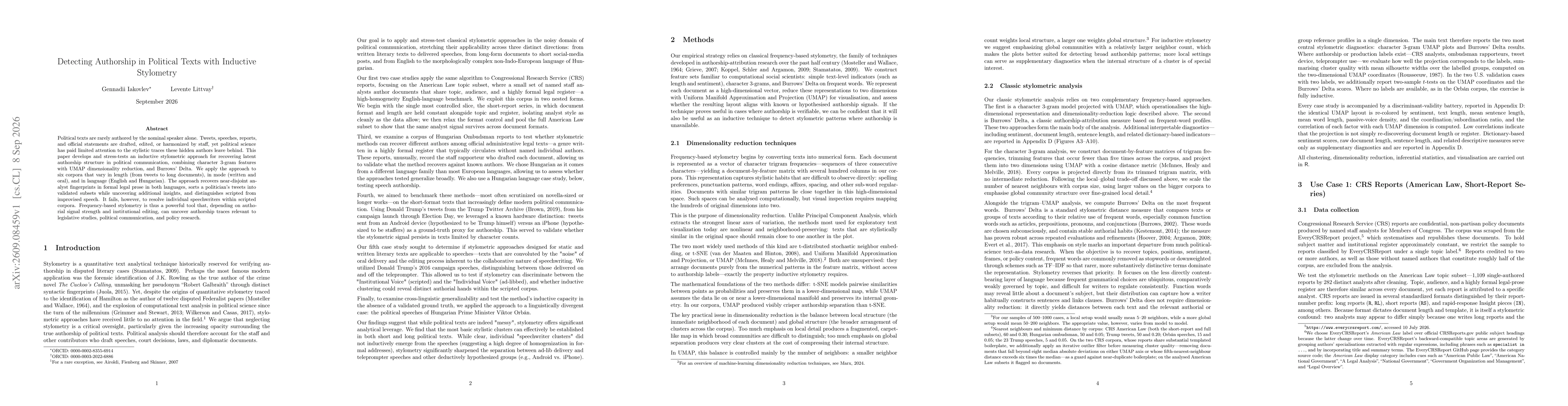 Thumbnail for Detecting Authorship in Political Texts with Inductive Stylometry