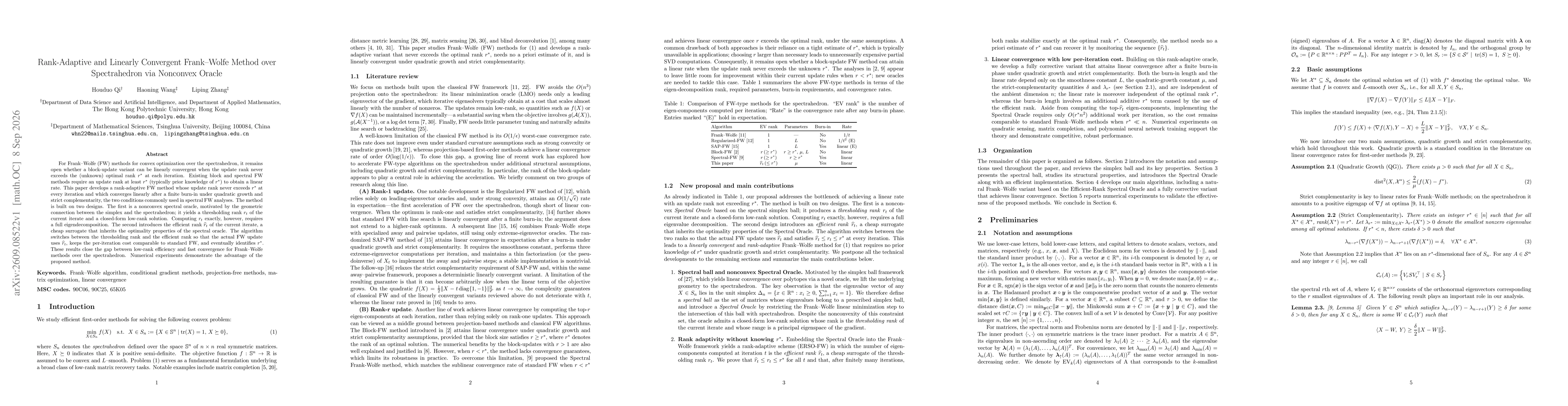Thumbnail for Rank-Adaptive and Linearly Convergent Frank--Wolfe Method over Spectrahedron via Nonconvex Oracle