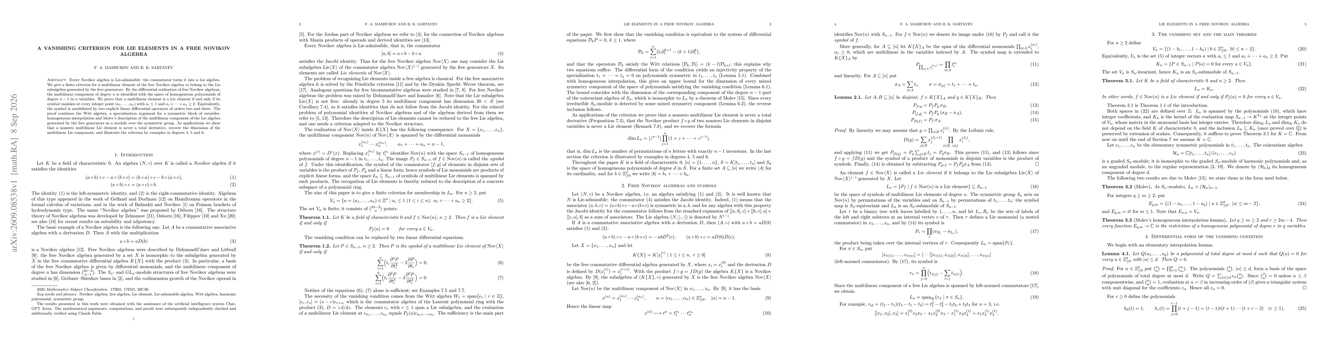 Thumbnail for A vanishing criterion for Lie elements in a free Novikov algebra