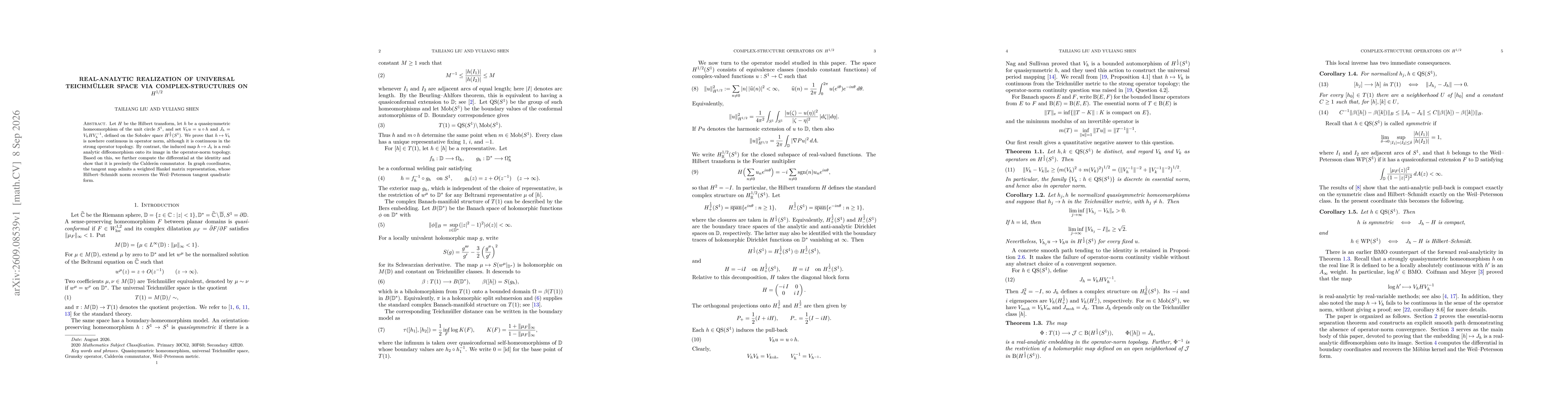 Thumbnail for Real-analytic realization of universal Teichmüller space via complex-structures on $H^{1/2}$