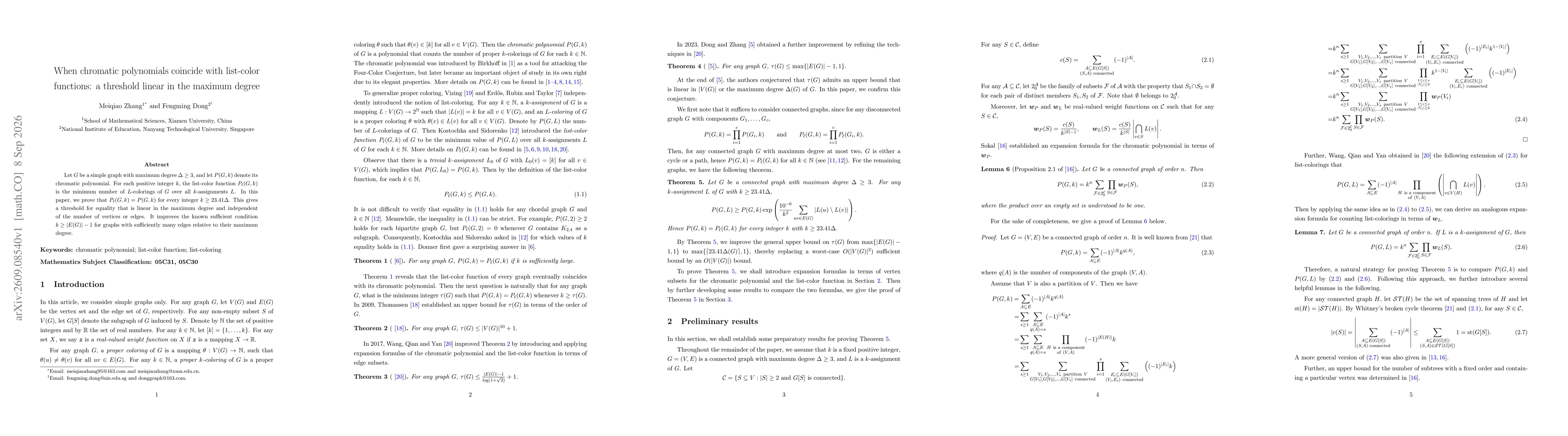 Thumbnail for When chromatic polynomials coincide with list-color functions: a threshold linear in the maximum degree