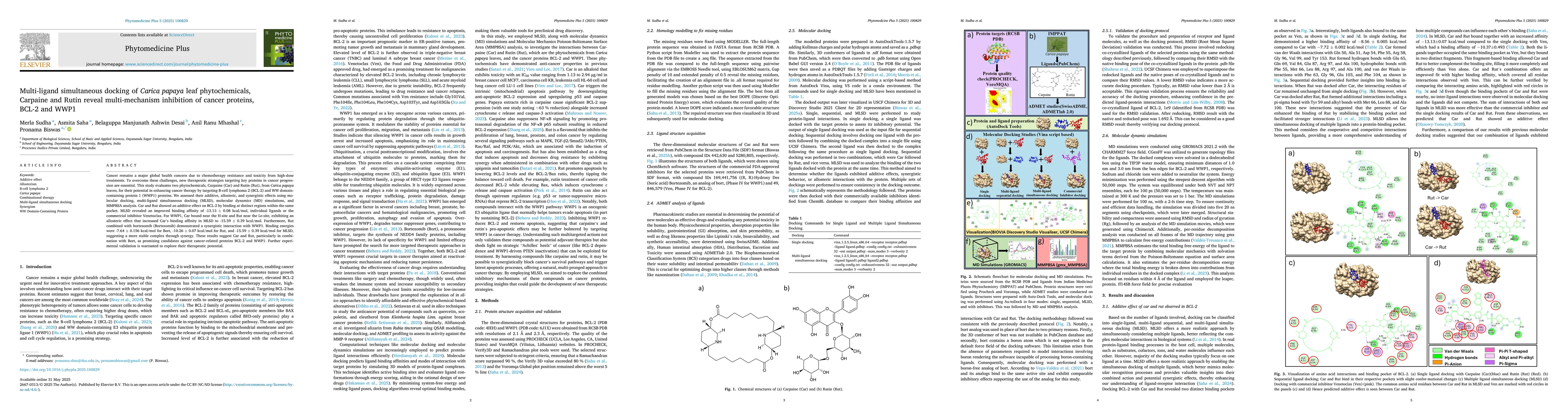 Thumbnail for Multi-ligand simultaneous docking of Carica papaya leaf phytochemicals, Carpaine and Rutin, reveals multi-mechanism inhibition of cancer proteins BCL-2 and WWP1
