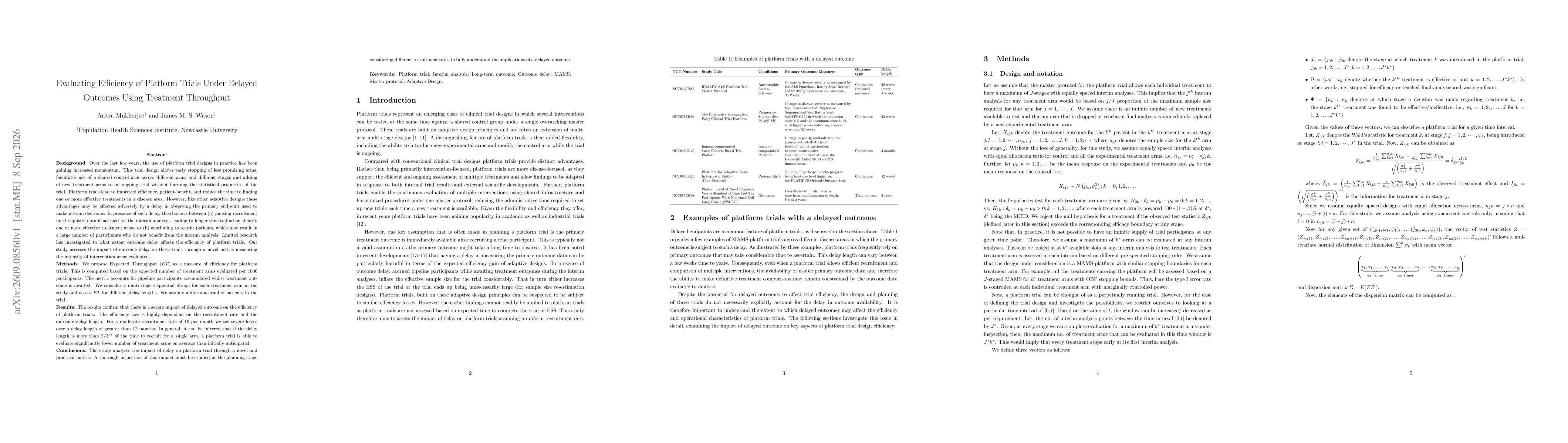 Thumbnail for Evaluating Efficiency of Platform Trials Under Delayed Outcomes Using Treatment Throughput