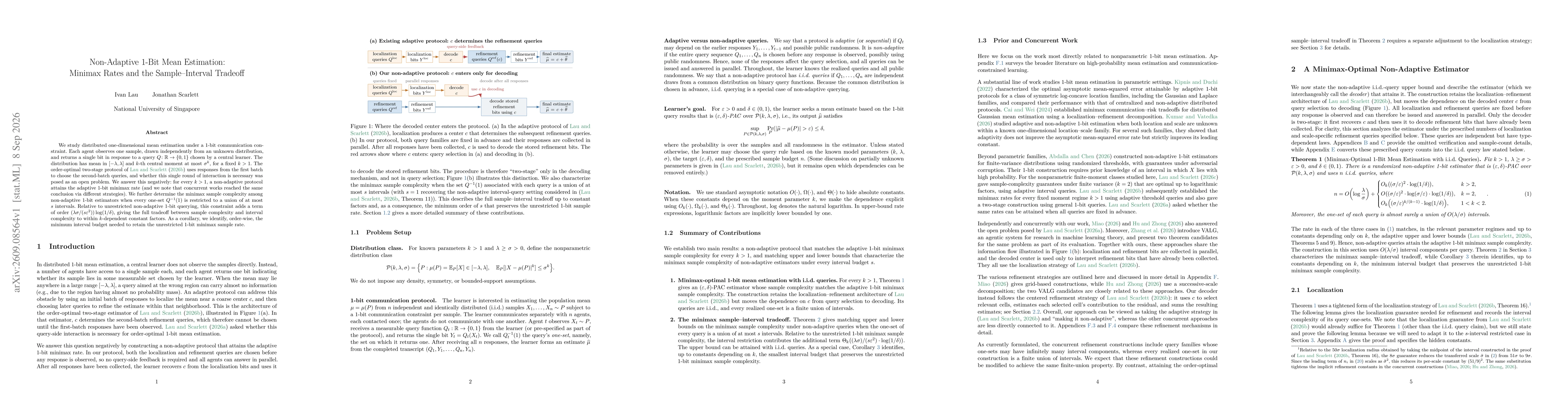Thumbnail for Non-Adaptive 1-Bit Mean Estimation: Minimax Rates and the Sample-Interval Tradeoff