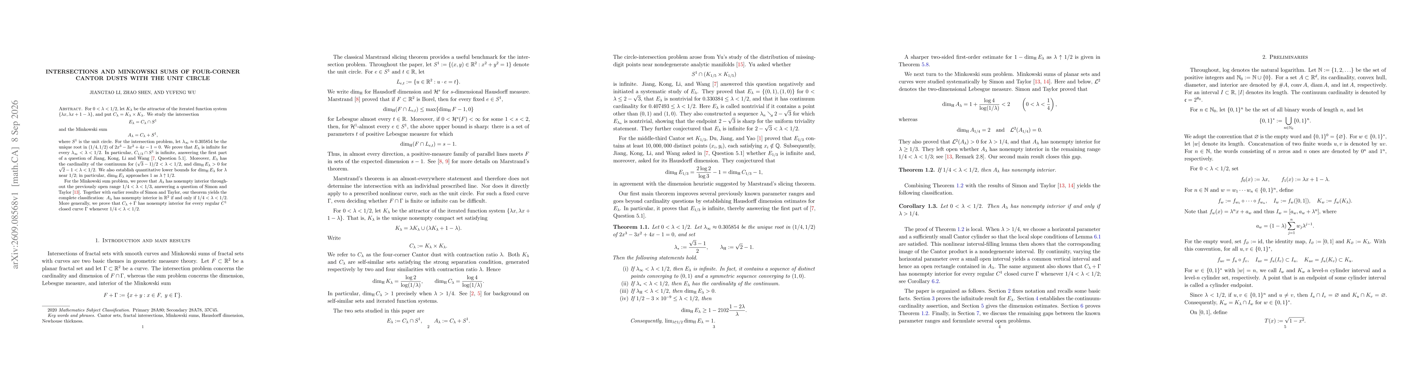 Thumbnail for Intersections and Minkowski Sums of Four-Corner Cantor Dusts with the Unit Circle