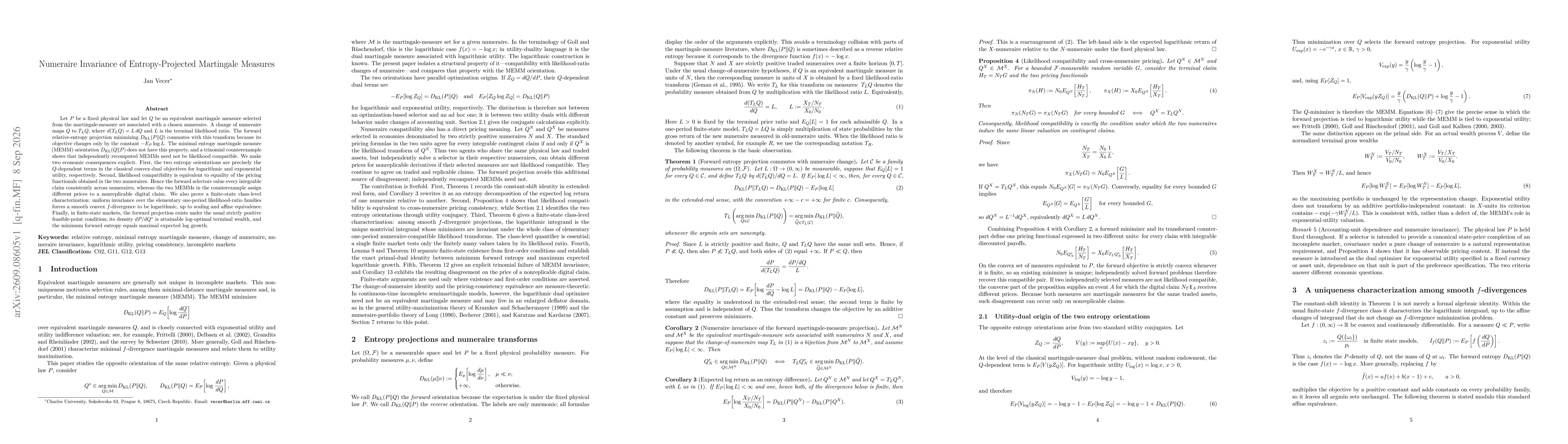 Thumbnail for Numeraire Invariance of Entropy-Projected Martingale Measures