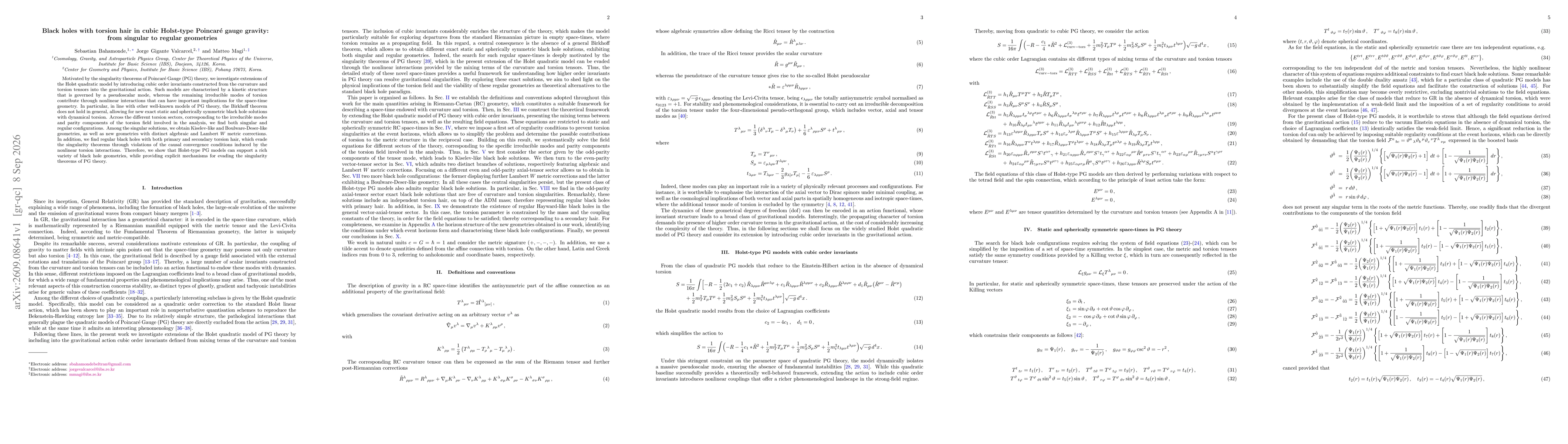 Thumbnail for Black holes with torsion hair in cubic Holst-type Poincaré gauge gravity: from singular to regular geometries
