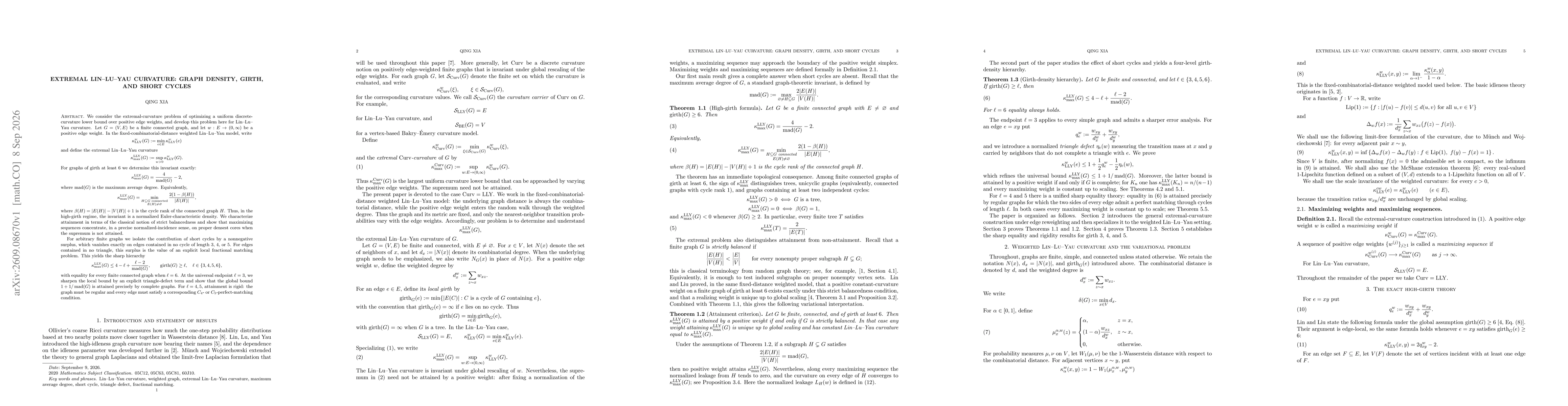 Thumbnail for Extremal Lin--Lu--Yau Curvature: Graph Density, Girth, and Short Cycles