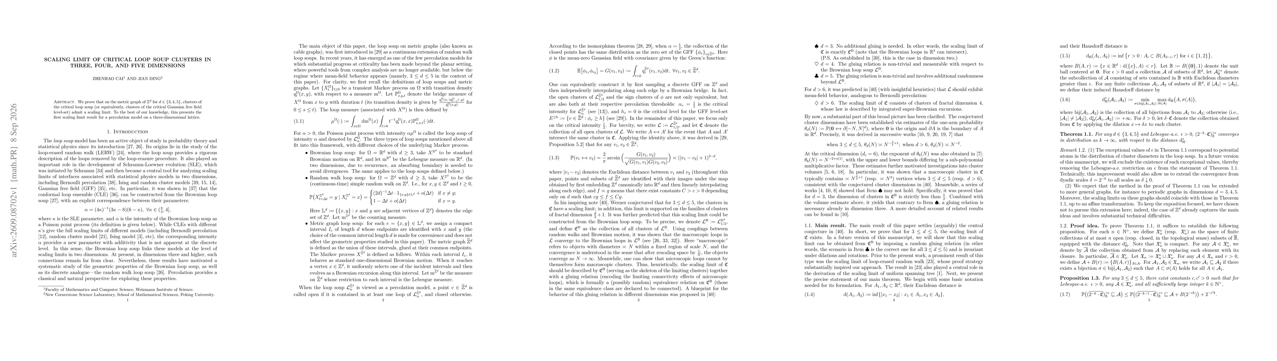 Thumbnail for Scaling Limit of Critical Loop Soup Clusters in Three, Four, and Five Dimensions