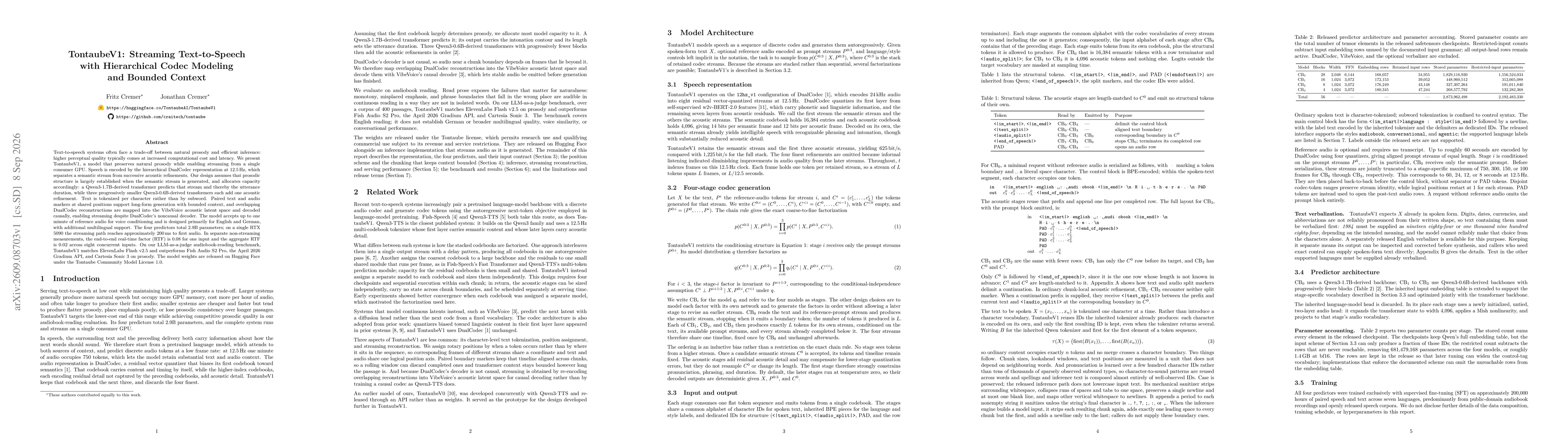 Thumbnail for TontaubeV1: Streaming Text-to-Speech with Hierarchical Codec Modeling and Bounded Context