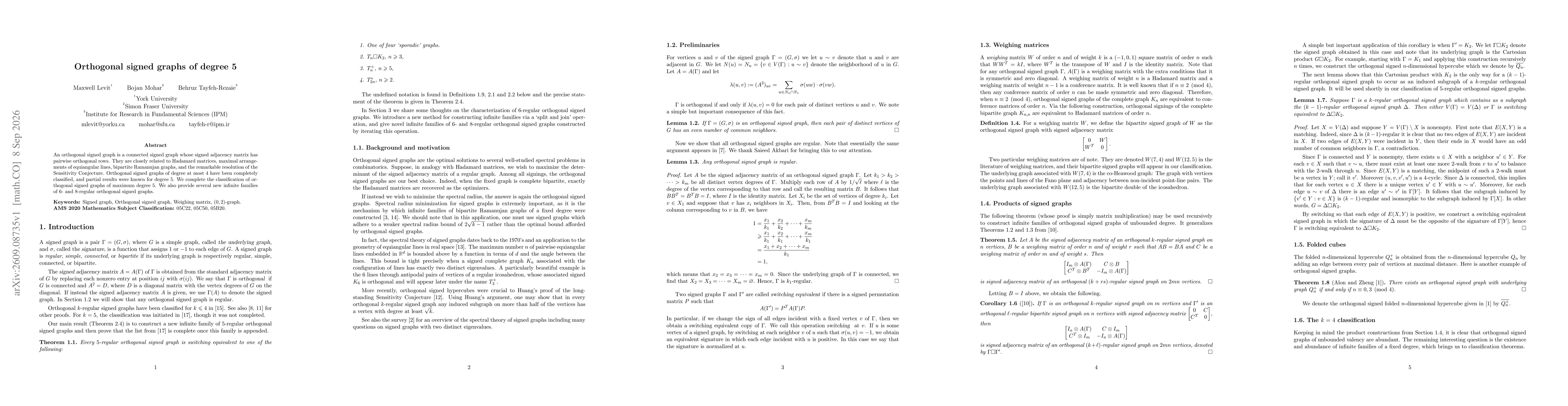Thumbnail for Orthogonal signed graphs of degree 5
