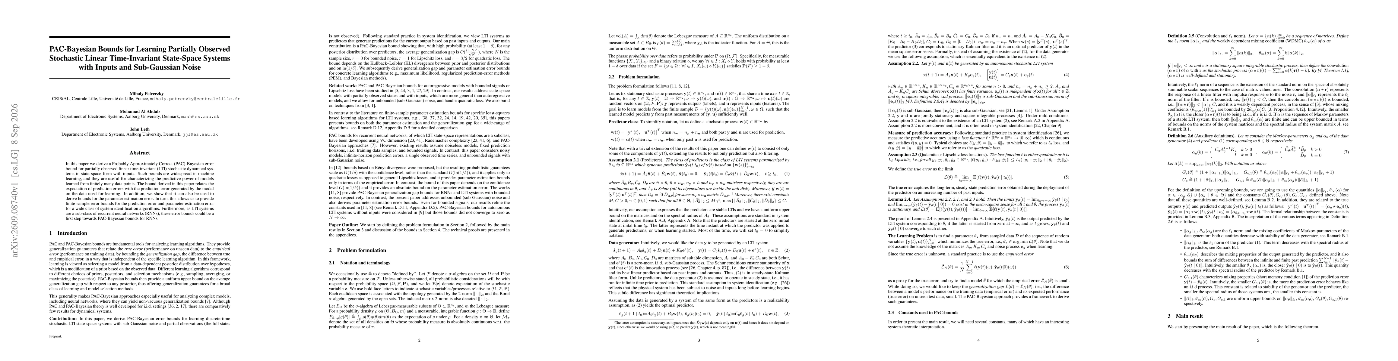 Thumbnail for PAC-Bayesian Bounds for Learning Partially Observed Stochastic Linear Time-Invariant State-Space Systems with Inputs and Sub-Gaussian Noise