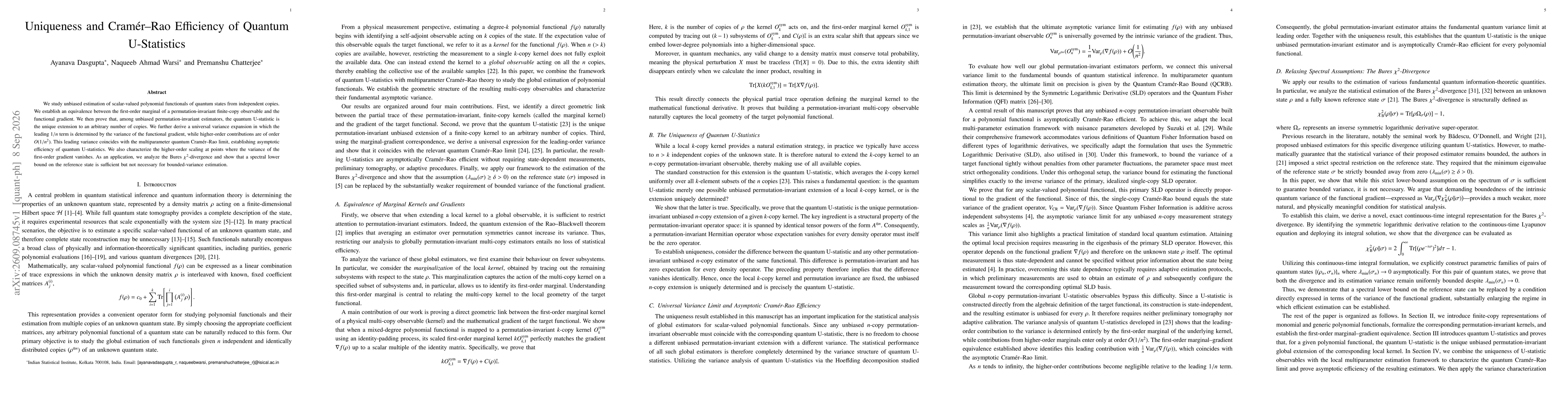 Thumbnail for Uniqueness and Cramér-Rao Efficiency of Quantum U-Statistics