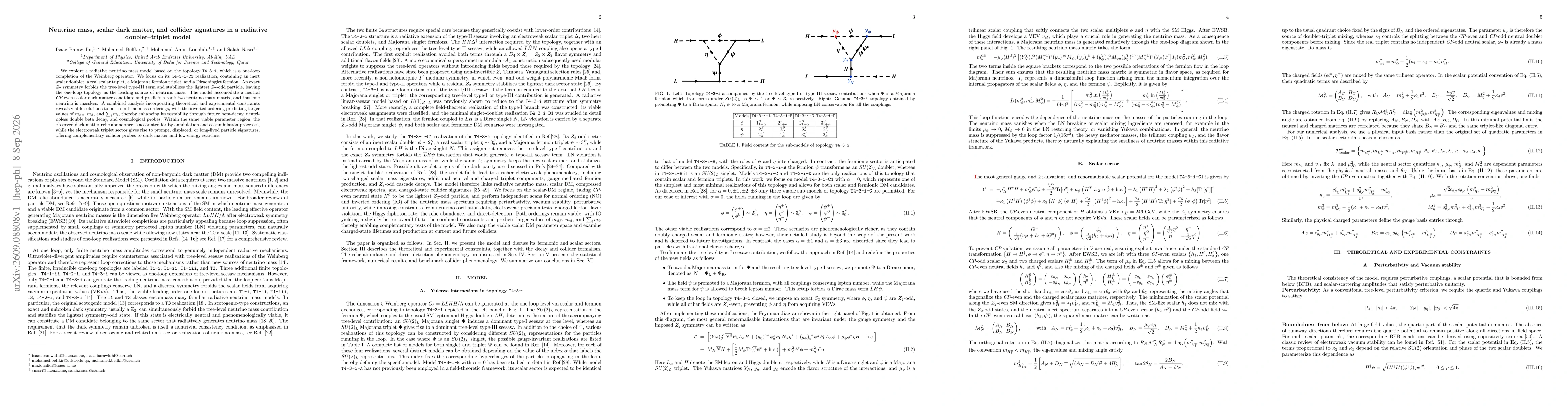 Thumbnail for Neutrino mass, scalar dark matter, and collider signatures in a radiative doublet-triplet model