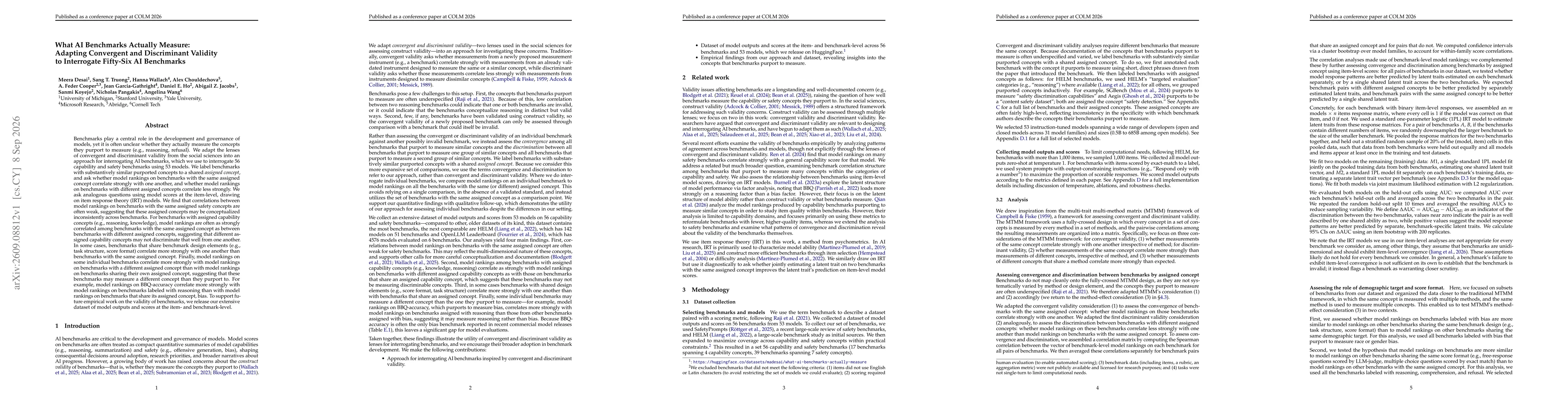 Thumbnail for What AI Benchmarks Actually Measure: Adapting Convergent and Discriminant Validity to Interrogate Fifty-Six AI Benchmarks