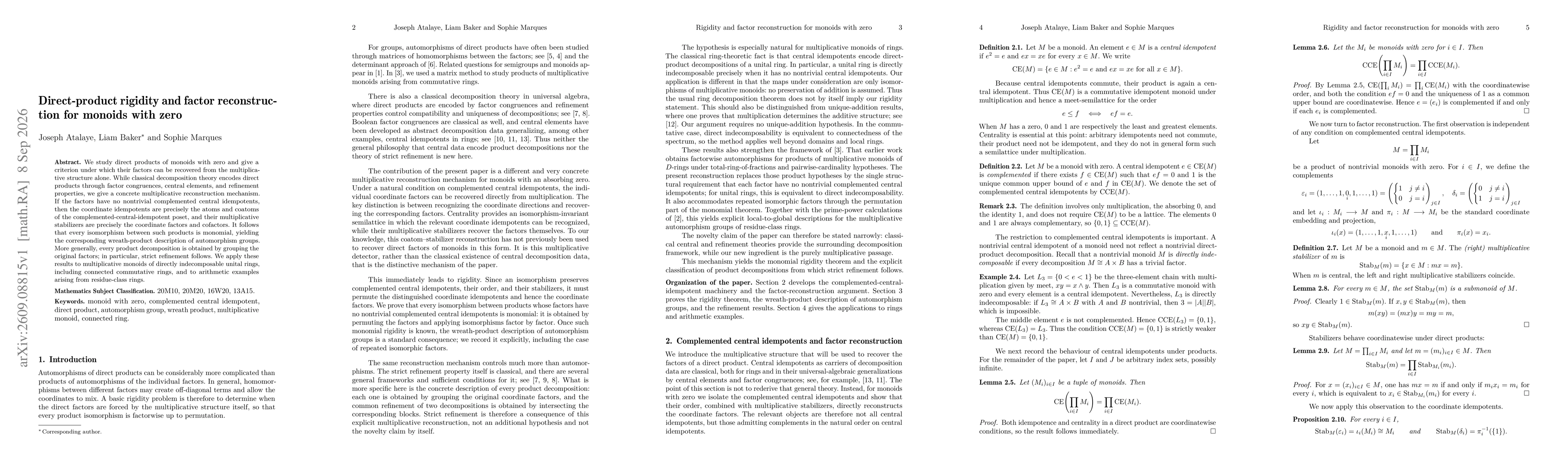 Thumbnail for Direct-product rigidity and factor reconstruc- tion for monoids with zero