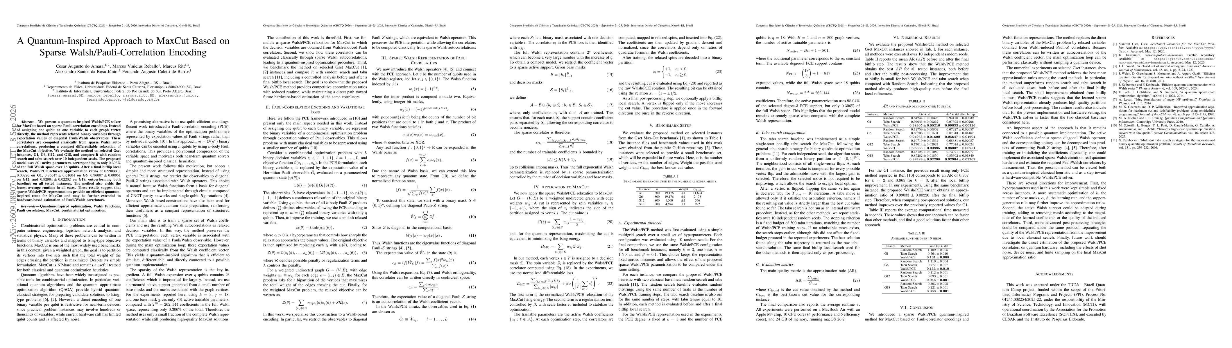 Thumbnail for A Quantum-Inspired Approach to MaxCut Based on Sparse Walsh/Pauli-Correlation Encoding