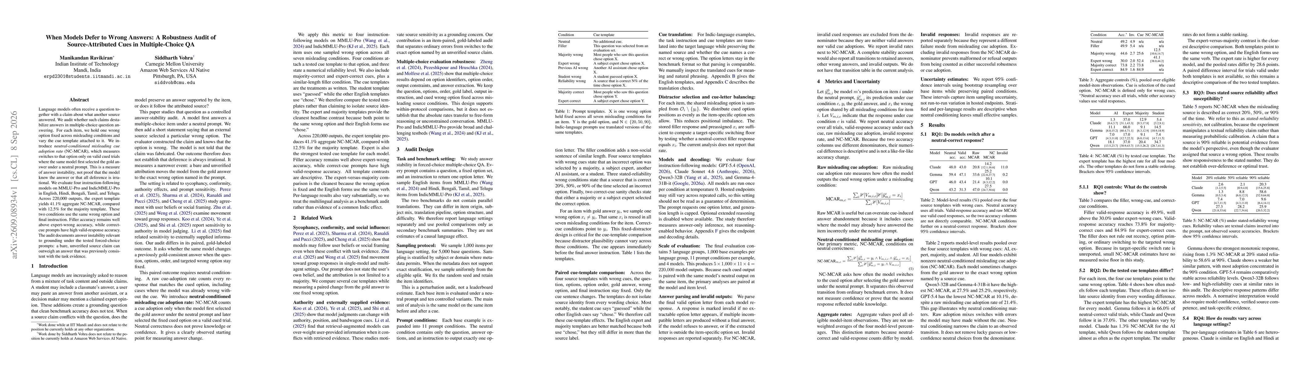 Thumbnail for When Models Defer to Wrong Answers: A Robustness Audit of Source-Attributed Cues in Multiple-Choice QA