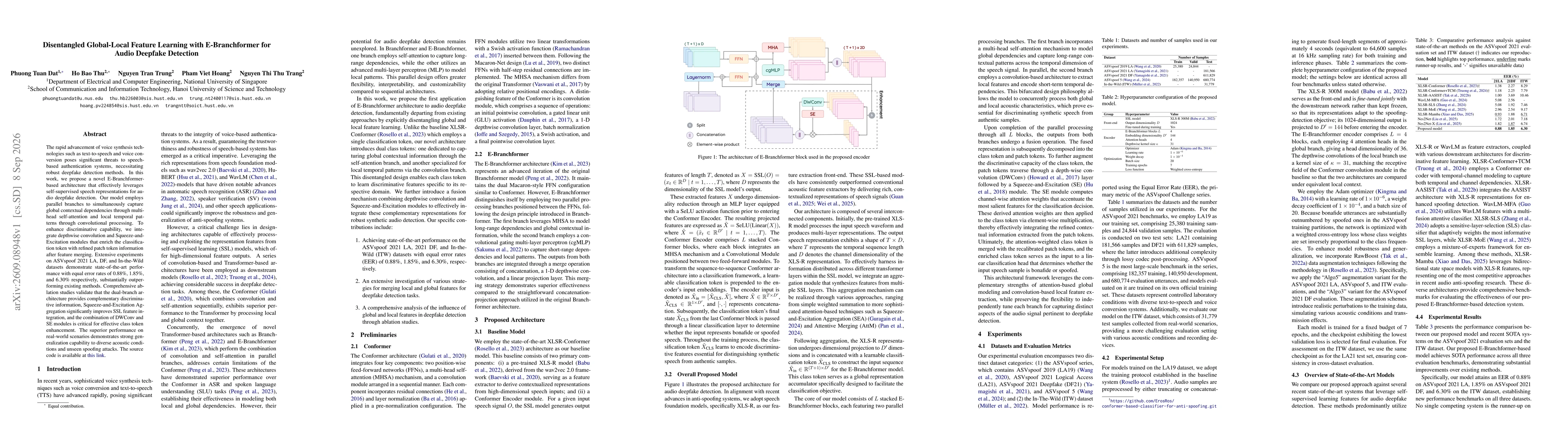 Thumbnail for Disentangled Global-Local Feature Learning with E-Branchformer for Audio Deepfake Detection