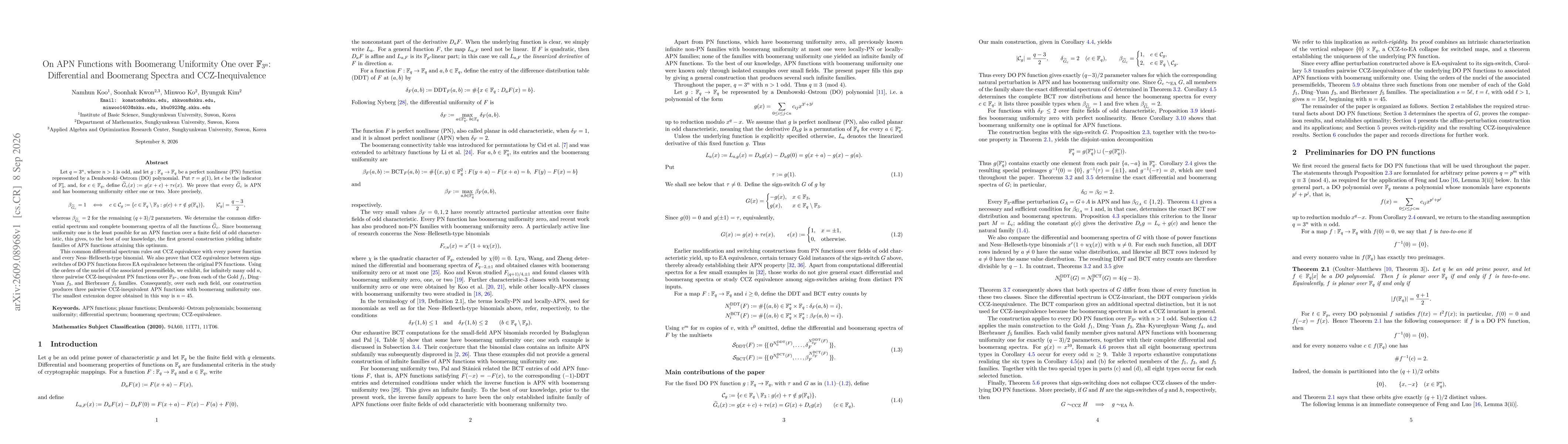 Thumbnail for On APN Functions with Boomerang Uniformity One over $\mathbb F_{3^n}$: Differential and Boomerang Spectra and CCZ-Inequivalence