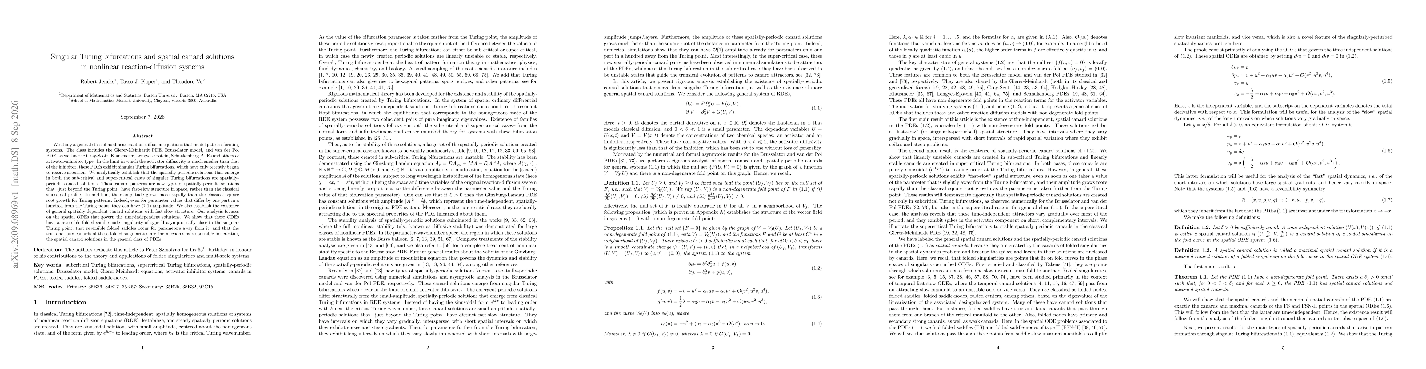 Thumbnail for Singular Turing bifurcations and spatial canard solutions in nonlinear reaction-diffusion systems