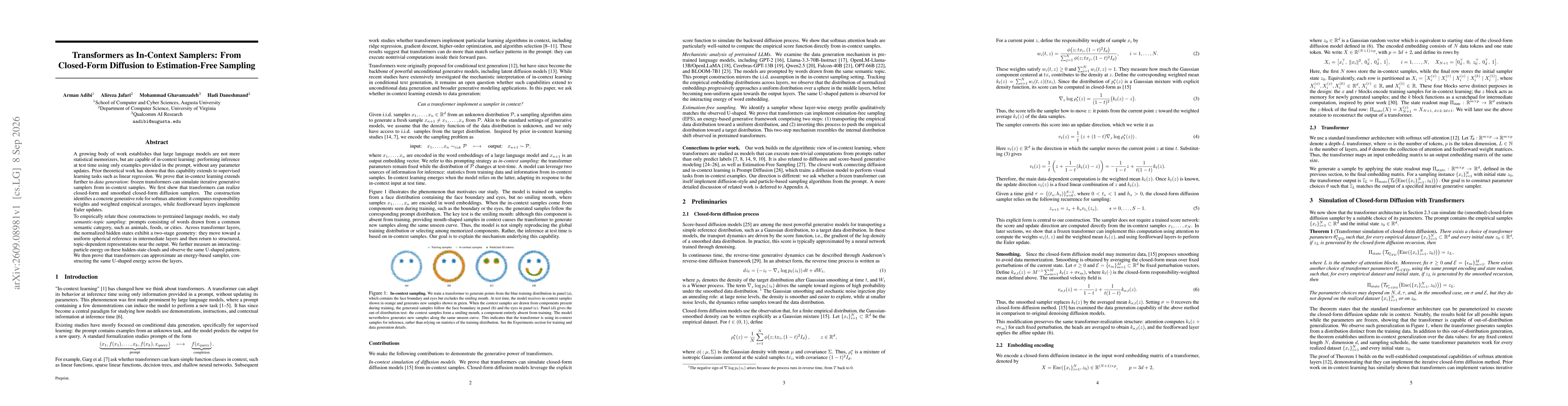 Thumbnail for Transformers as In-Context Samplers: From Closed-Form Diffusion to Estimation-Free Sampling